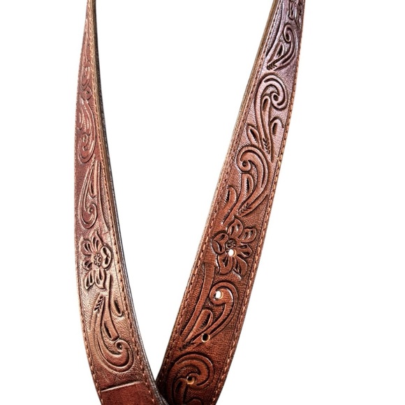 Hilason Genuine Leather Tooled Western Belt Size 36” Dk Brown Silver Buckle - Picture 4 of 6